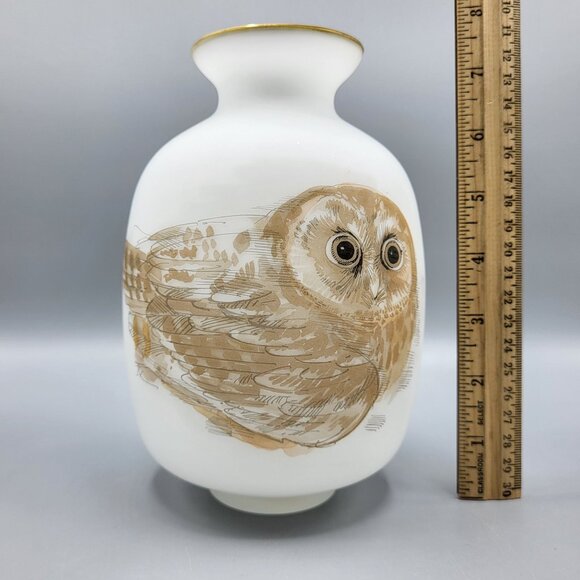 Vintage Enesco Satin Frosted White Glass Vase with Painted Owl 7.5" Tall - Picture 13 of 13
